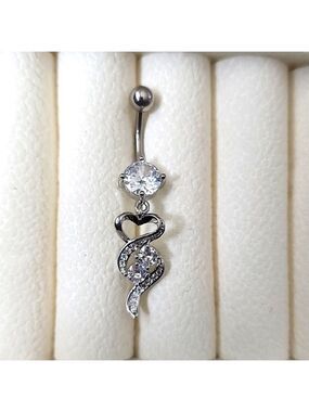 14 G SURGICAL STEEL DANGLE  Heart  BELLY BUTTON Simulated Diamond